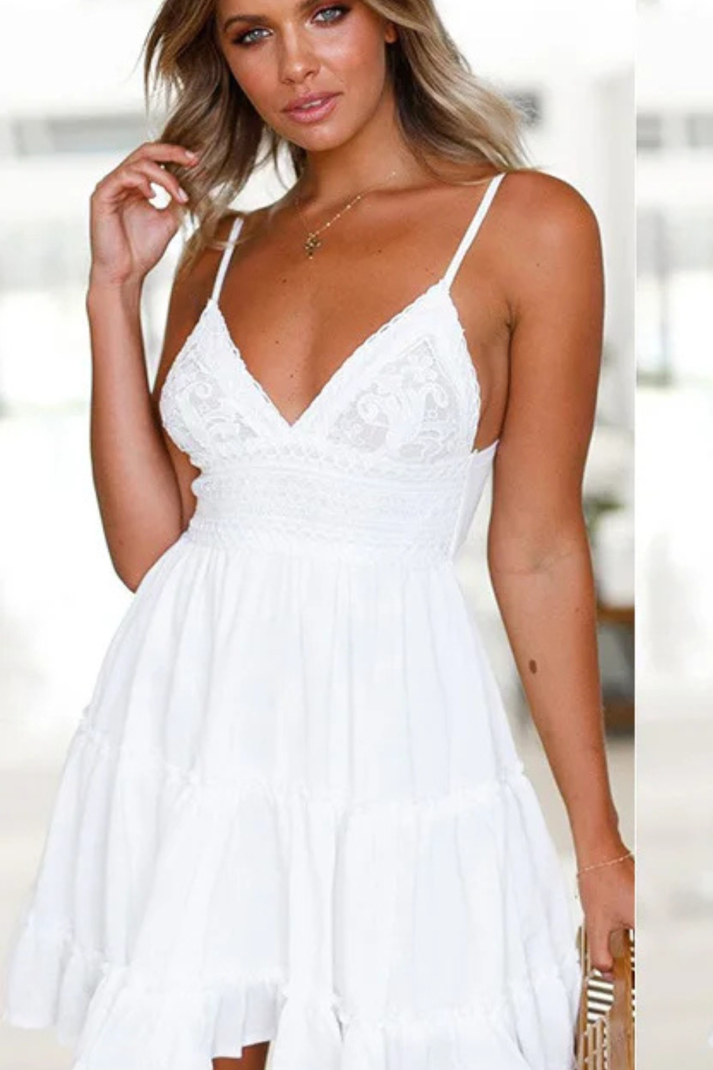 Lace Bodice Mini Dress Open Back Spaghetti Strap Freja - Women's Dress