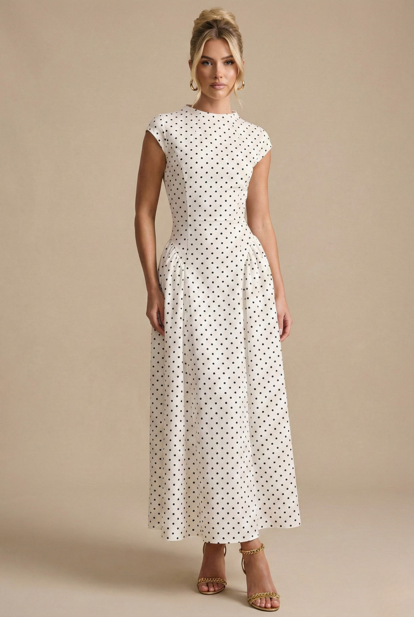 Polka Dot Maxi Dress High Neck Cap Sleeve Dottie - Women's Dress