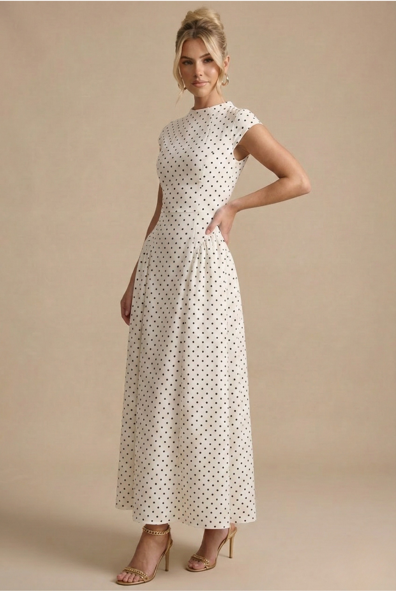 Polka Dot Maxi Dress High Neck Cap Sleeve Dottie - Women's Dress