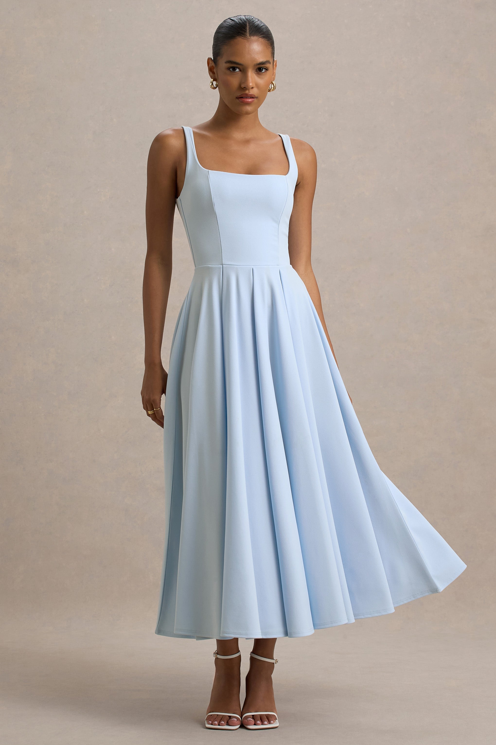 Square Neck Midi Dress Pleated Skirt Parina - Women's Dress