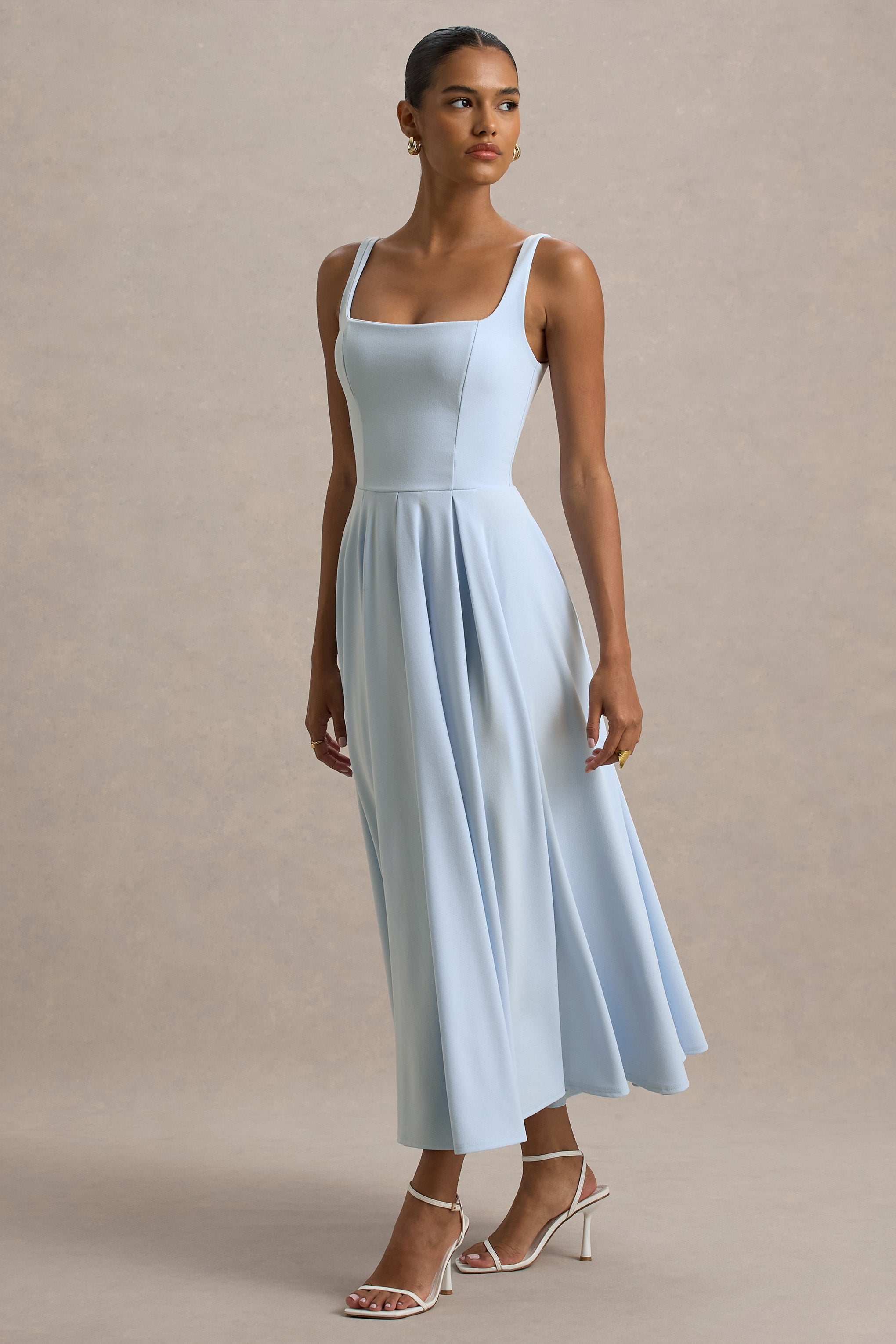 Square Neck Midi Dress Pleated Skirt Parina - Women's Dress
