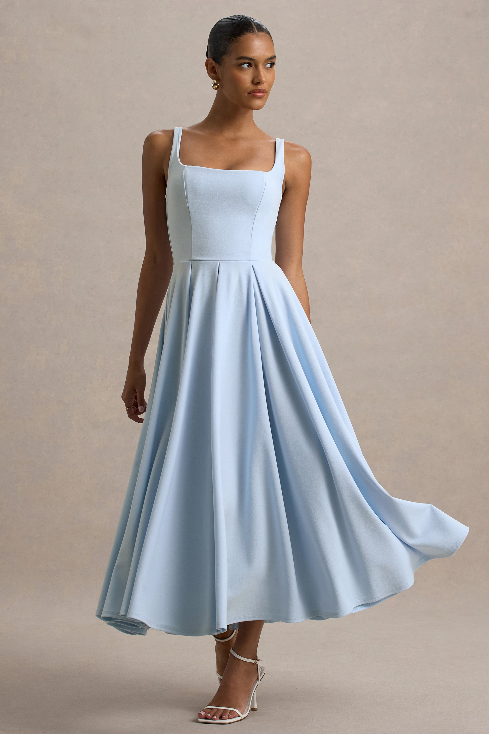 Square Neck Midi Dress Pleated Skirt Parina - Women's Dress