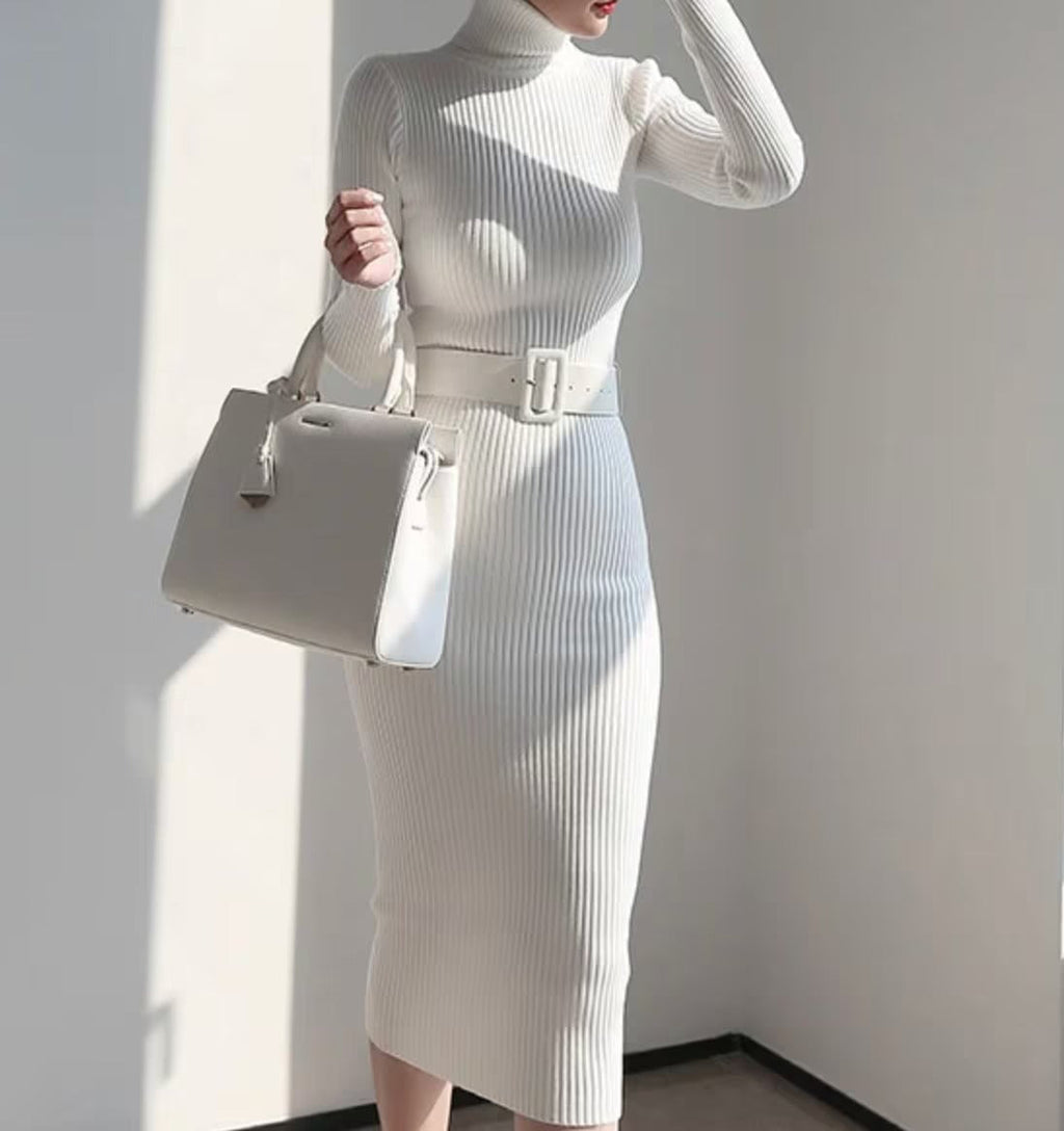 Ribbed midi dress women black fitted comfortable turtleneck sweater