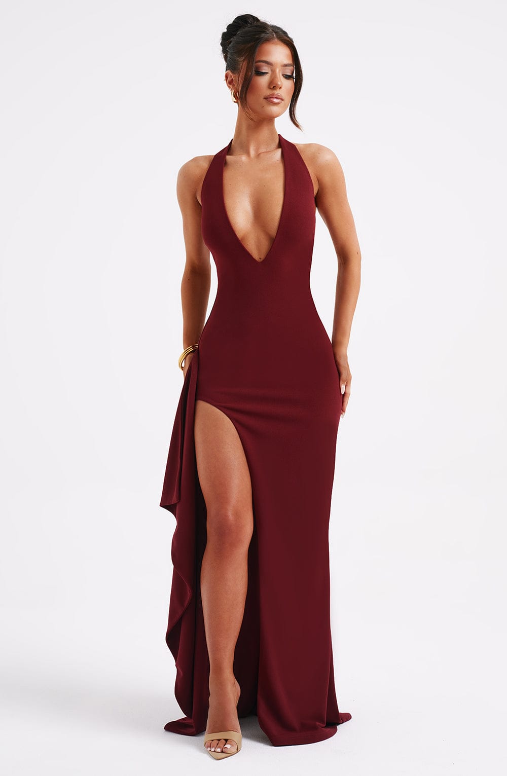 Halter Backless Maxi Dress High Slit Jade - Women's Dress