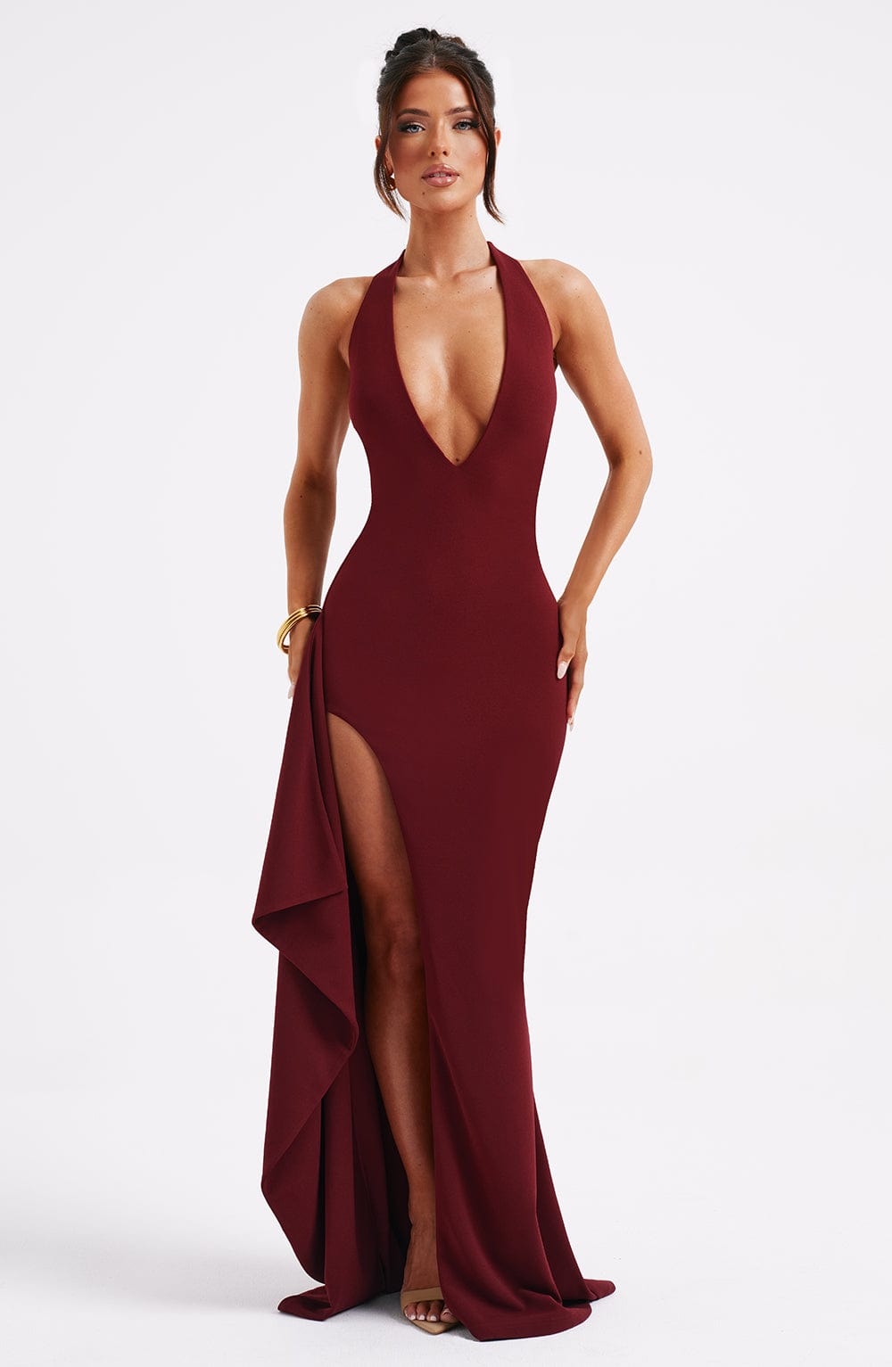 Halter Backless Maxi Dress High Slit Jade - Women's Dress