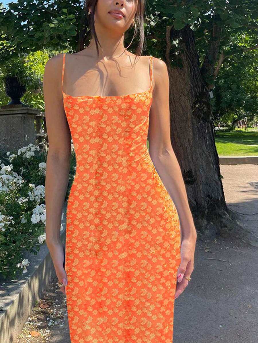 Floral Slip Maxi Dress Scooped Back Spaghetti Strap Monica - Women's Dress