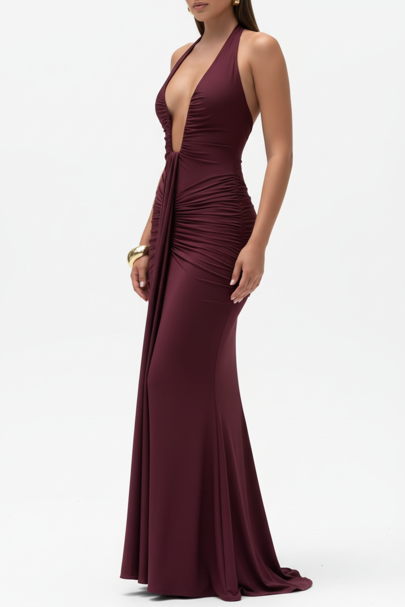 vestido largo burdeos fiesta elegante escote halter noche gala