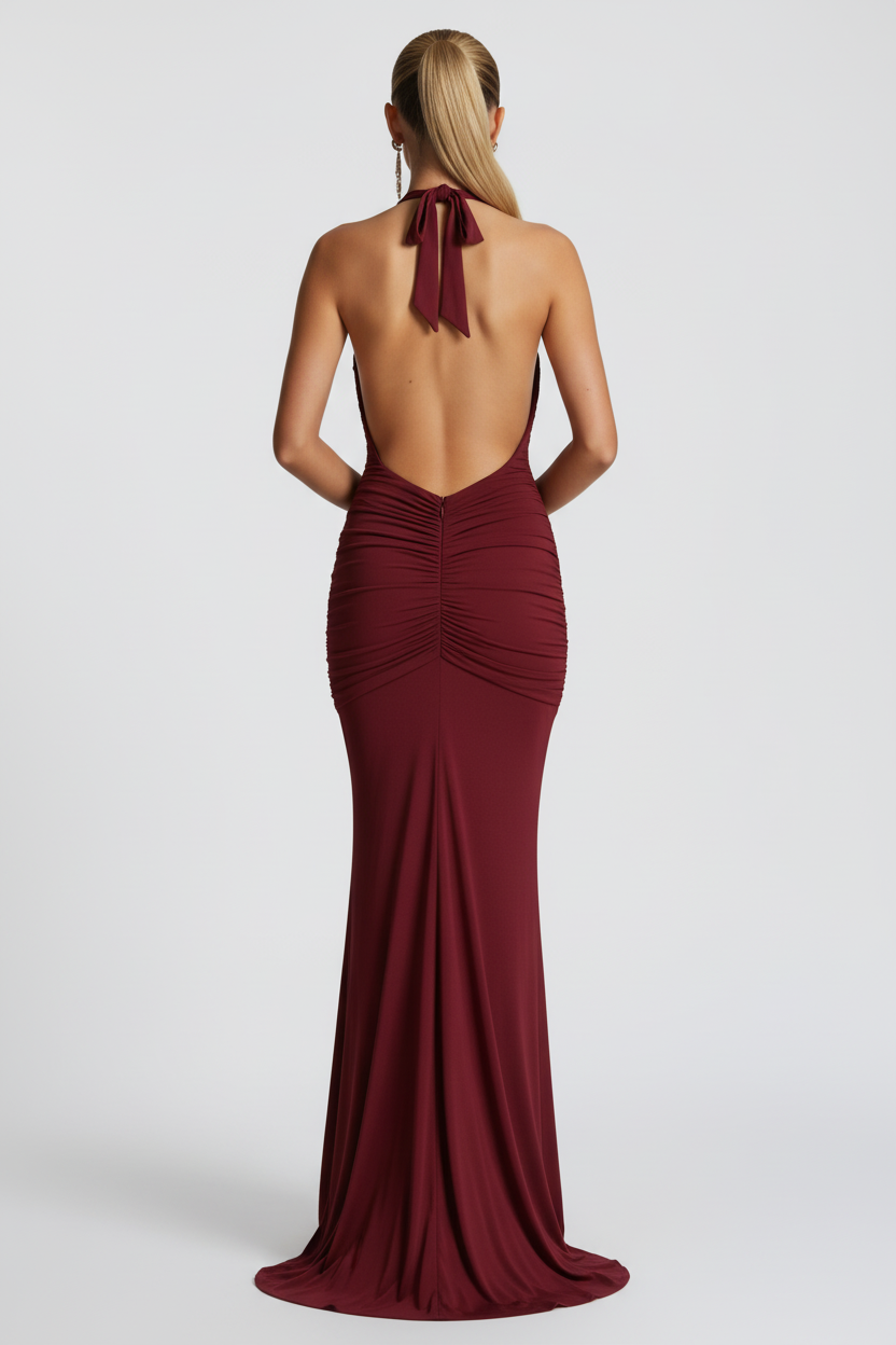 vestido burdeos elegante espalda abierta fiesta noche evento formal