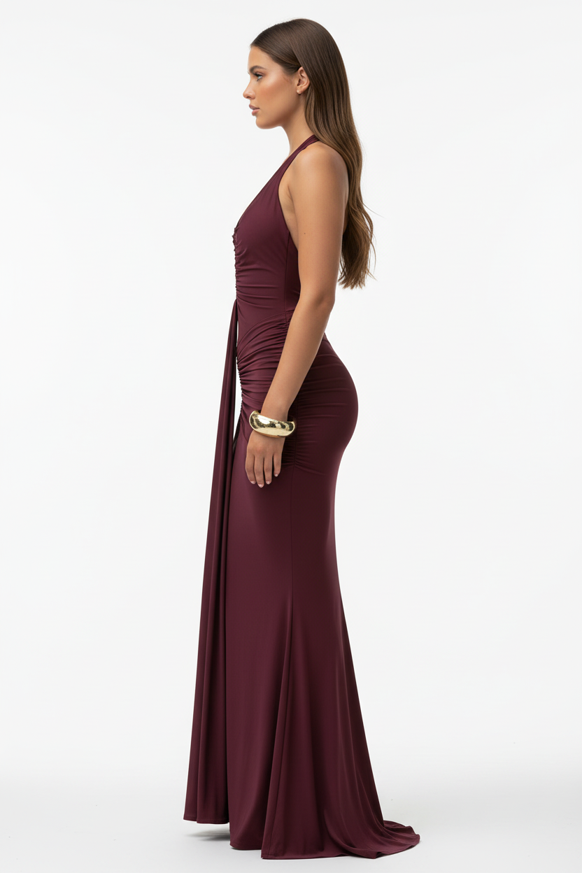 vestido burdeos largo mujer elegante fiesta noche boda ceremonia