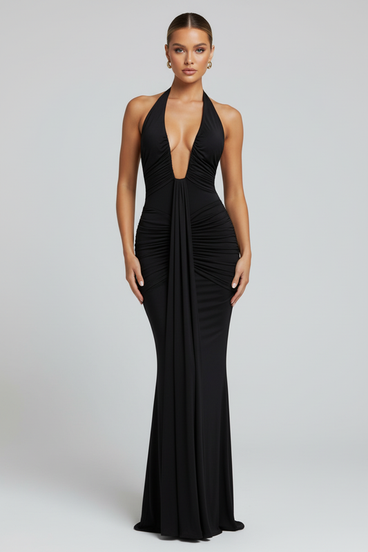 vestido negro largo fiesta elegante escote halter noche gala