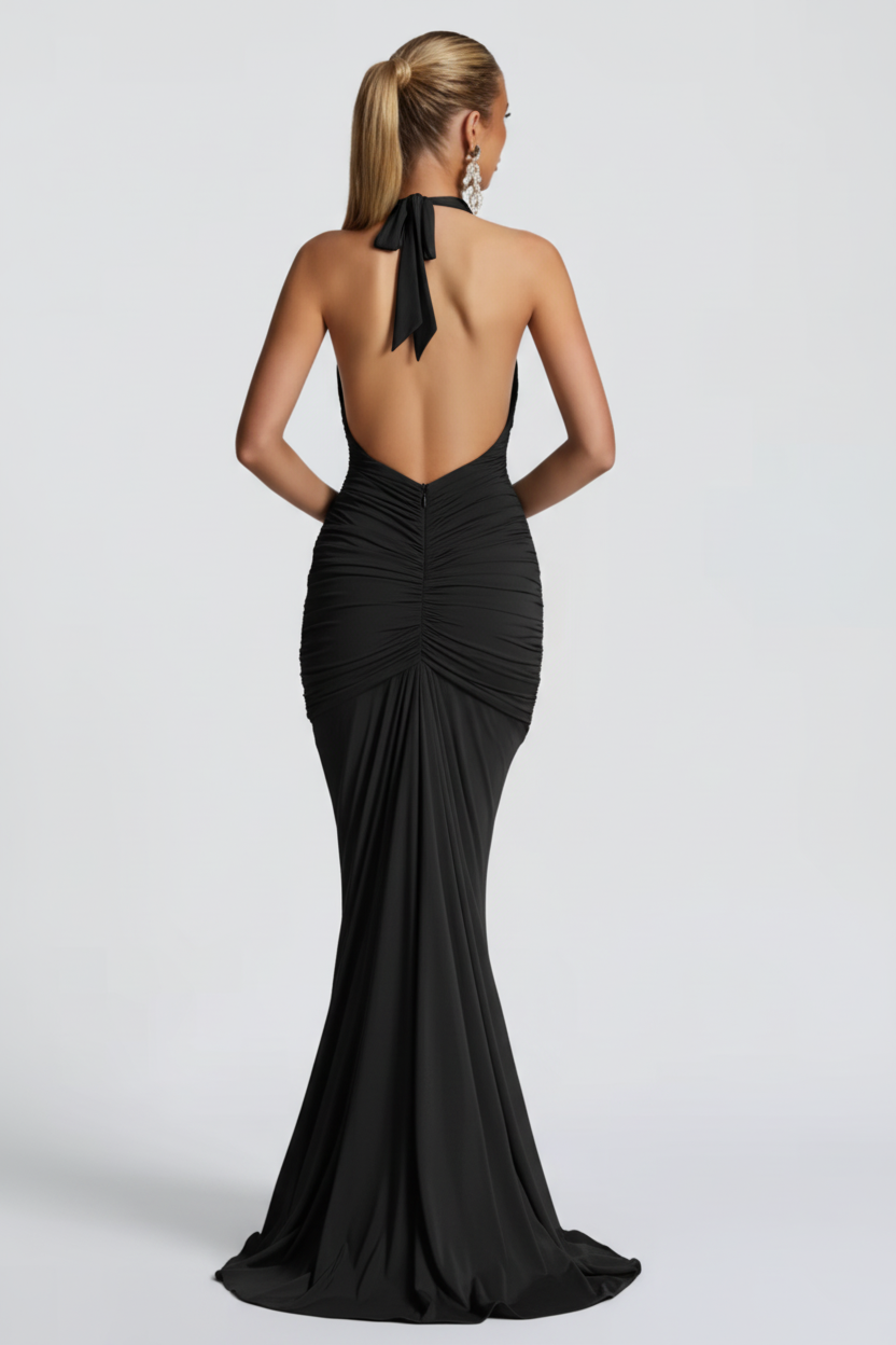 vestido elegante negro espalda abierta fiesta boda evento formal